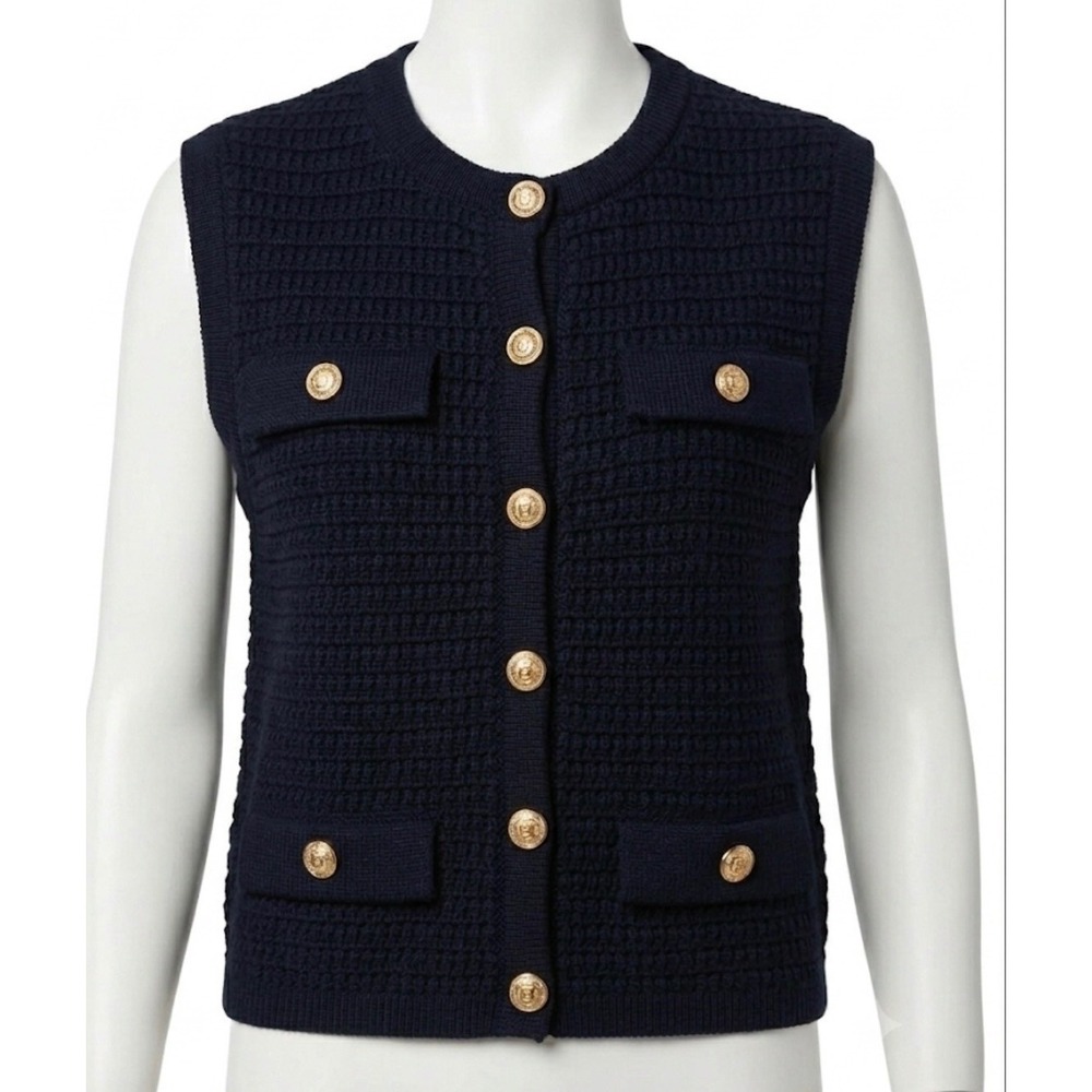 BLANKNYC Midnight Blue Sweater Vest Gold Buttons Old Money Academia Preppy M‎